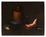 Composition à la bouteille, à la pièce de cuivre et au quartier de bœuf by Augustin Théodule Ribot, Huile sur toile (Toile d'origine), sold Mar 2026
