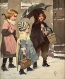 Dans la neige" : le départ de trois enfants dans la neige by dit Géo Jean Geoffroy, Huile sur toile (Toile d'origine), sold Mar 2026