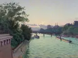 Recto : Vue de la Seine prise du Pont Neuf avec le Louvre, le pont des Arts et le square du Vert-Galant by Charles Guilloux, Huile sur carton, sold Mar 2026
