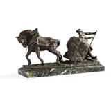 Cheval de trait et carrier by Edouard Drouot, Groupe en bronze à patine brune et bloc de pierre sur socle en bois plaqué de marbre vert et blanc, sold May 2026