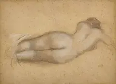 Dina allongée, vue de dos by Aristide Maillol, Crayon noir, craie blanche et estompe sur papier beige, sold Jun 2026