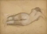 Dina allongée, vue de dos by Aristide Maillol, Crayon noir, craie blanche et estompe sur papier beige, sold Jun 2026