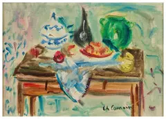 Nature morte à la soupière bleue, fiasco italien, et jarre verte by Charles Camoin, circa 1962, Huile sur toile, sold Jun 2026