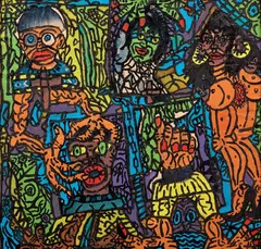 6 personnages hétéroclites dans une peinture en velours by Robert Combas, 1988, Acrylique et collage sur velours, sold Jun 2026