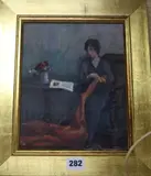 Lady sewing in an interior, 24 x 19cm by Harry John Pearson, oil on paper, sold Aug 2017