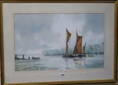 River scene with sailing barges by Alan Whitehead, watercolour, sold Aug 2017