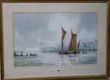 River scene with sailing barges by Alan Whitehead, watercolour, sold Aug 2017