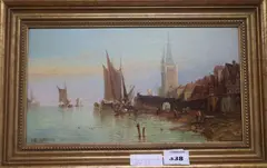 Continental town scene with river in foreground by William Meadows, oil on canvas, sold Jul 2017