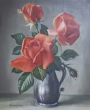 Still life of flame roses and pewter by James Noble, oil, sold Jul 2017