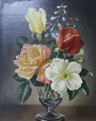 Mixed roses and delphiniums by James Noble, oil, sold Jul 2017