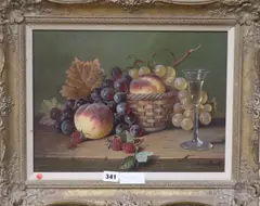 Still life of fruit and a glass of wine by Raymond Campbell, oil on canvas, sold Jul 2017