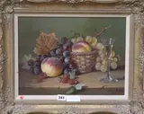 Still life of fruit and a glass of wine by Raymond Campbell, oil on canvas, sold Jul 2017