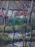 Poultry around a pond, a cottage beyond by Herbert Francis Williams-Lyons, oil on canvas, sold Jul 2017