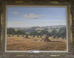 Harvest landscape with corn stacks by David Morgan, oil on canvas, sold Jul 2017