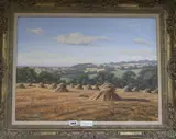 Harvest landscape with corn stacks by David Morgan, oil on canvas, sold Jul 2017
