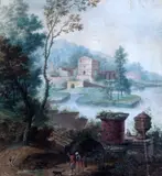 GouacheTravellers in a river landscapesigned9 by Johannes van Bronckhorst, gouache, sold Jun 2017