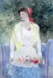 WatercolourYoung woman gathering flowerssigned9 by David Woodlock, watercolour, sold Jun 2017
