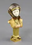 An early 20th century French patinated bronze and ivory bust of a medieval lady by Alexandre Caron, bronze and ivory, sold Jun 2017