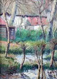 Poultry around a pond, a cottage beyond by Herbert Francis Williams-Lyons, oil on canvas, offered Jun 2017