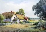 Thatched cottages in a landscape by Henry John Sylvester Stannard, watercolour, sold Jun 2017