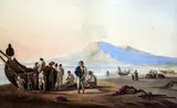 The Bay of Naples with figures and boats on the shore by Michelangelo Pacetti, watercolour, sold Jun 2017