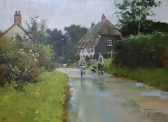 Furneux Pelham Village, Hertfordshire by John Haskins, oil on board, sold Jun 2017