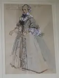 Costume design for Mary Kempson as Lady Mary in Lionel and Clarissa at Guildford, pen & brown ink by David Walker, ink, sold Jun 2017