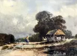 WatercolourHorse rider passing carts in a barnsigned8 by David Cox Jnr., watercolor, sold May 2017