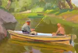 Anglers in a boat,inscribed verso,9 x 13in by Yevhen Nisonovych Levin, oil on board, sold Apr 2017