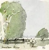 Jamestown River' monogrammed 3.25 x 3.25in by Hugh Casson, ink and watercolour, sold Apr 2017