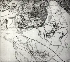 EtchingTwo girls by a stream by John Copley, print (other), sold Apr 2017