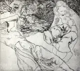 EtchingTwo girls by a stream by John Copley, print (other), sold Apr 2017