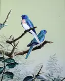 GouacheParakeets on a branchsigned13 by Alan M. Hunt, print (other), sold Apr 2017