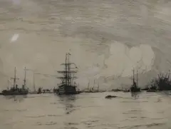 Fishing fleet in a calm sea and another etching by Charles Henry Baskett (1872-1953), 'HMS Victory by Norman Wilkinson, etching, sold Apr 2017