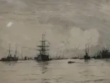 Fishing fleet in a calm sea and another etching by Charles Henry Baskett (1872-1953), 'HMS Victory by Norman Wilkinson, etching, sold Apr 2017