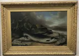 Salmon catch on rocks at Loch side with fishing bag in background by John Russell, oil on canvas, sold Feb 2025