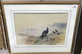Black cock on rocky outcrop in a landscape, misty woodlands in background by George Edward Lodge, watercolour, offered Feb 2025