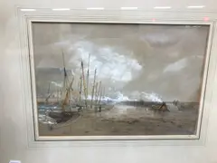 Scarborough” a quayside scene with figures and rough seas by Thomas Bush Hardy, watercolour, offered Jan 2025