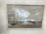 Scarborough” a quayside scene with figures and rough seas by Thomas Bush Hardy, watercolour, offered Jan 2025