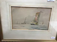 Fishing vessels and barge in foreground” watercolour heightened with white, unsigned, 13.5 cm x 22 cm by Thomas Bush Hardy, watercolour, sold Jan 2025