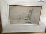 Fishing vessels and barge in foreground” watercolour heightened with white, unsigned, 13.5 cm x 22 cm by Thomas Bush Hardy, watercolour, sold Jan 2025