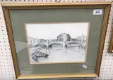 Fortress building with bridge in foreground by Bela Sziklay, etching, offered Dec 2024