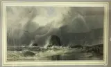 Bude Cornwall” a squally rocky coastal landscape with vessel struggling on the horizon by Henry Barlow Carter, watercolour, offered Apr 2024