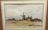 The village windmill” a study with figures in foreground by Alfred William Rich, watercolour, sold Apr 2024