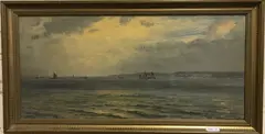 Coastal landscape with sailing vessels at sunset by Henry Moore, 1877, oil on canvas, offered Dec 2023