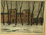 Red brick building, wintertime by Alfred Thornton, 1919, oil on canvas, offered Nov 2023