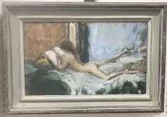 Nude reading upon a bed'' oil on board by John Alford, oil on board, offered Oct 2023