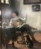 Cavalier seated with clay pipe, a glass and flagon of wine on a table beside him, a dog at his feet” oil on canvas by Max Volkhart, oil on canvas, offered May 2023