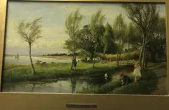 River landscape with children playing in foreground, boat builders in background by Charles James Lewis, oil on board, offered Dec 2022