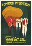 Copertoni Impermeabili Ettore Moretti by Leopoldo Metlicovitz, Color lithograph, Off, offered Apr 2024